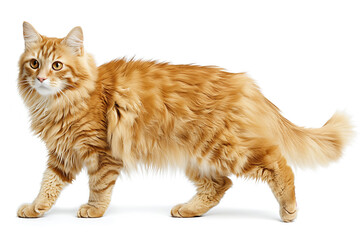 Wall Mural - A fluffy orange cat walking gracefully on a white background. The cat has a long tail and a curious expression, showcasing its beautiful fur and striking features.