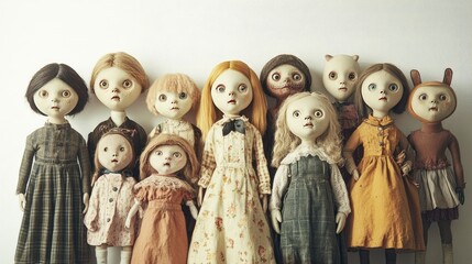 Poster - An eerie photograph featuring a collection of creepy dolls with different expressions, arranged on a white backdrop, perfect for exploring themes of fear and nostalgia.