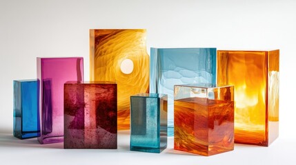 Poster - An eye-catching composition of colored glass blocks and shapes against a white background, showcasing their unique forms and the beauty of glass art in a contemporary style.