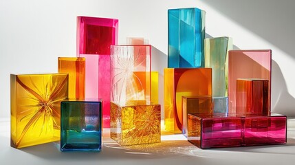 Poster - An eye-catching composition of colored glass blocks and shapes against a white background, showcasing their unique forms and the beauty of glass art in a contemporary style.