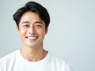 asian man smiling with radiant skin, soft lighting, positive skincare concept