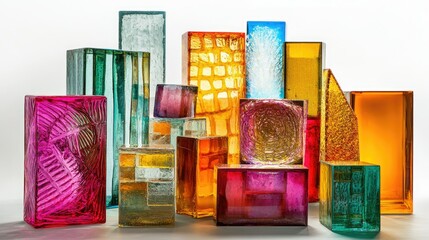 Poster - An eye-catching composition of colored glass blocks and shapes against a white background, showcasing their unique forms and the beauty of glass art in a contemporary style.