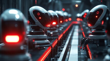 Poster - A line of white robots with red eyes stand on an assembly line,  in a futuristic factory.