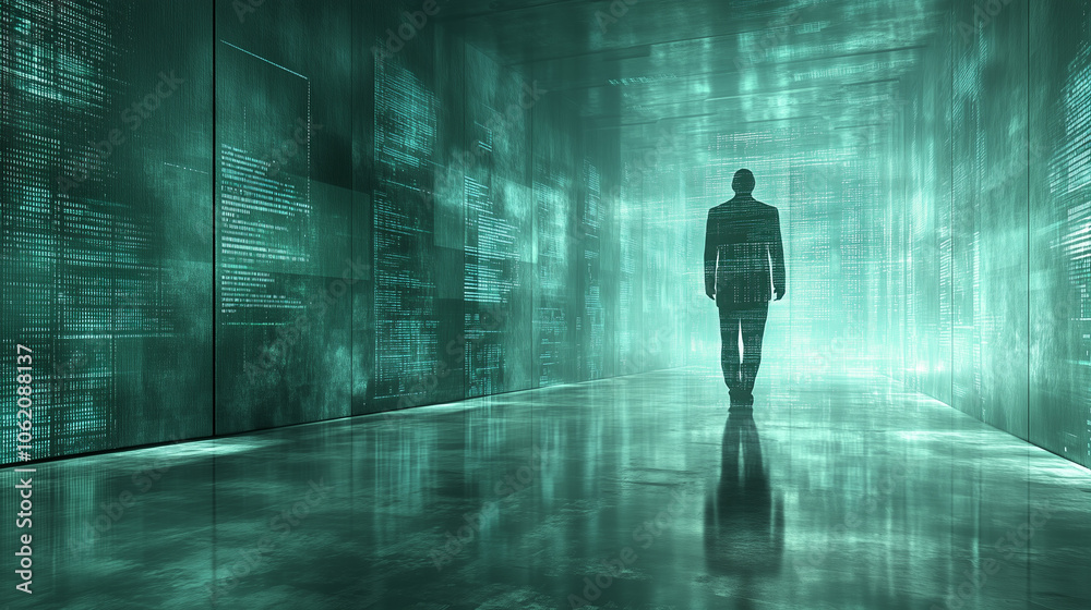 Digital Computer Code Hallway Into the Digital Unknown: A solitary figure walks down a hallway ...