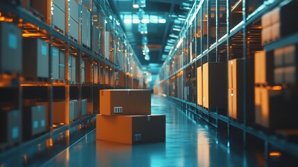Aufkleber - A long aisle in a warehouse with rows of shelves stacked with cardboard boxes.
