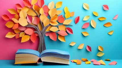 Poster - Abstract design of paper tree, books, and colorful leaves, creative learning concept