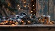 © NAPATT - Elegant winter backdrop with snow-dusted pine branches, warm fairy lights, and cozy flannel blankets set on a wooden table; designed to frame a product display with a holiday touch