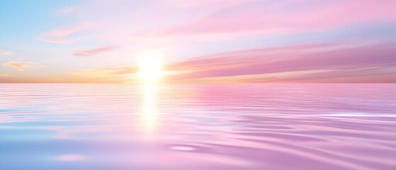 a beautiful pink and blue ocean with a sun in the sky