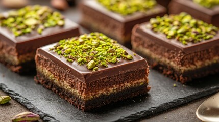 Poster - Close-up of chocolate bar with pistachio and kadayif topping, Middle Eastern sweets