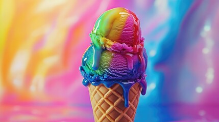 Aufkleber - Close-up of rainbow-colored melting ice cream in cone, sweet and colorful treat