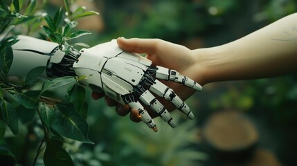 Poster - Close-up of robotic and botanical hands in handshake, a futuristic tech-nature bond
