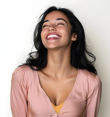 Sticker - Simple portrait of a young Latina relaxed and happy laughing, neck stretched showing teeth.