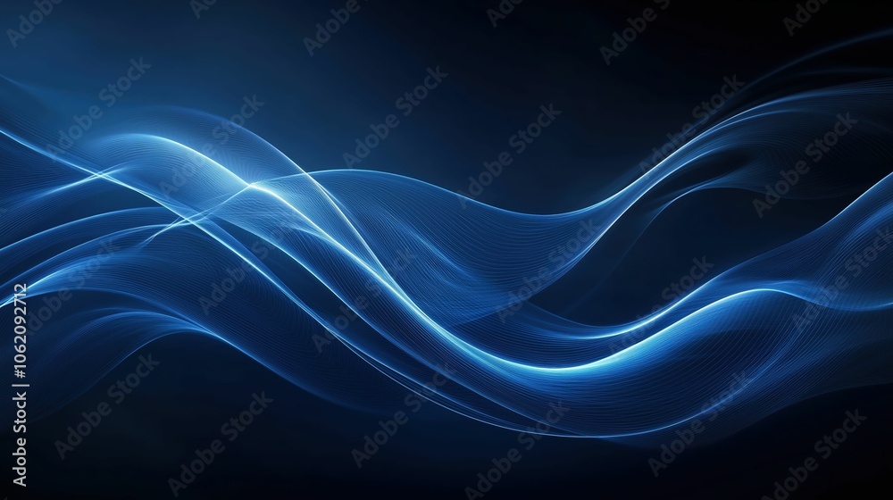 Blue light waves with glowing curves on dark background. Technology flow content