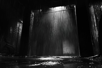 rain waterfall through window light in dark tunnel. urban exploration content