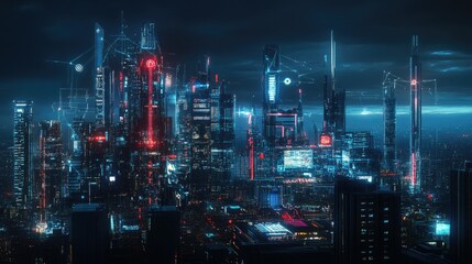 Poster - Futuristic city at night with digital network overlays, symbolizing wireless connectivity