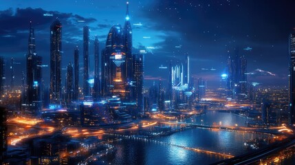 Aufkleber - Futuristic city with wireless network connections at night, symbolizing modern connectivity