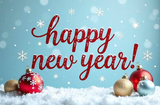 Happy New Year greeting card, white snow, snowflakes, christmas balls. Concept congratulation, holiday, invitation.