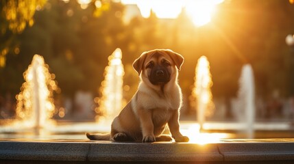 Wall Mural - Puppy Sunset Fountain.