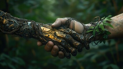 Poster - Mechanical and organic handshake, futuristic look at harmony between technology and nature