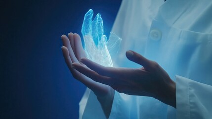 Poster - Medical tech hologram in doctor hands, representing health innovation, blue background