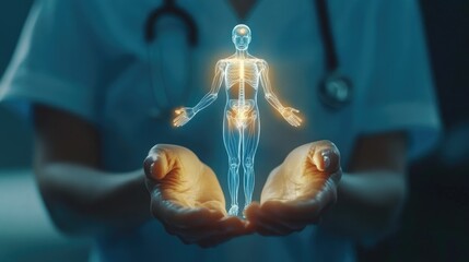 Poster - Medical tech hologram in doctor hands, representing health innovation, blue background