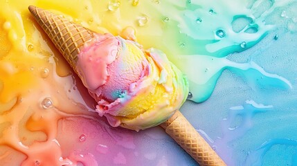 Aufkleber - Melting ice cream cone in rainbow colors, colorful and cheerful dessert
