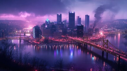 Aufkleber - Modern city connected by wireless network, illuminated skyline with tech overlay