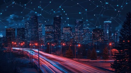 Poster - Modern urban landscape with network connections visible, night cityscape with tech overlay