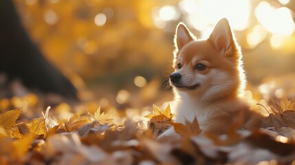 Wall Mural - Puppy Autumn Leaves.