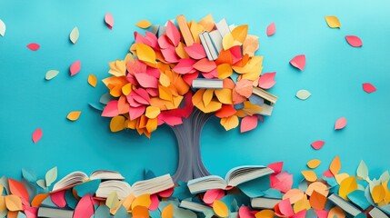 Poster - Paper cutout tree with books and colorful leaves, representing creativity and growth
