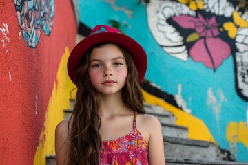 Young cute girl with street art, graffiti, street pictures, colorful walls, pop art