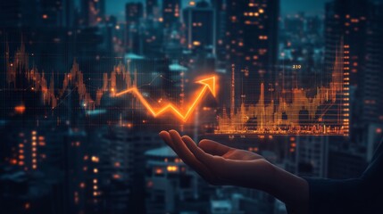 Aufkleber - Hand Holding a Digital Graph With an Upward Arrow in a Cityscape Background