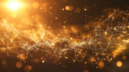 Poster - Technology presentation template with flowing wireframe waves, abstract plexus background