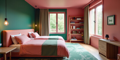 stylish pink green bedroom with two beds