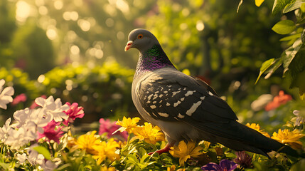 The Elegance of a German Modena Pigeon in a Sunlit Flower Garden