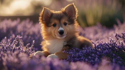 Wall Mural - Puppy in Lavender Field.