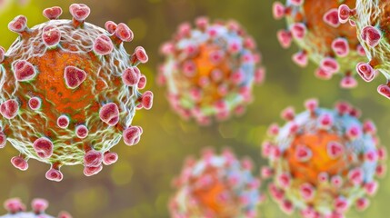 A close-up illustration of a coronavirus particle with a blurred background, showcasing its intricate structure and vibrant colors.