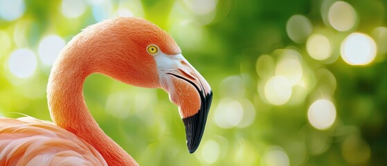 Wall Mural -  A tight shot of a pink flamingo against a backdrop of lush green foliage, with dappled light filtering through