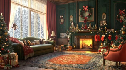 Vintage living room with traditional Christmas decor, nostalgic holiday scene, 3D illustration