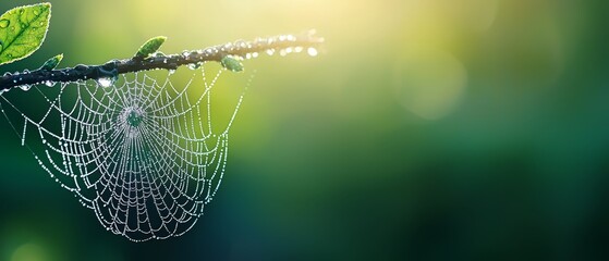  A tight shot of a spider web on a tree branch, adorned with dewdrops