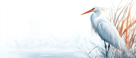 Wall Mural -  A white bird with a long orange beak stands before a mirrored body of water Reed-lined foreground