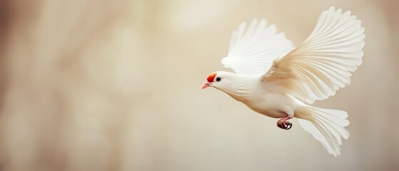 Wall Mural -  A white bird soaring in the air, wings expansive, red beak prominent