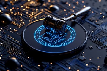 Aufkleber - Digital bail document with holographic interface in a neon-lit futuristic setting, capturing the sleek and efficient nature of modernized legal permissions, symbolizing clarity and control