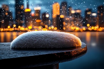 Poster - Digital depiction of neon snow flurries in a futuristic cityscape, with glowing lights reflecting off the falling snow, capturing the vibrant and modern look of winter in a high-tech world,