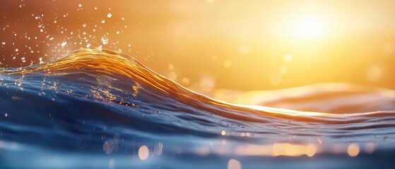 Wall Mural -  A tight shot of a wave in the ocean, sun rays filtering through clouds above, foreground displaying sunlight-kissed water