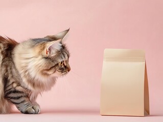 Cat nudging blank food package, kraft paper texture, isolated on light background, soft lighting, perfect for branding