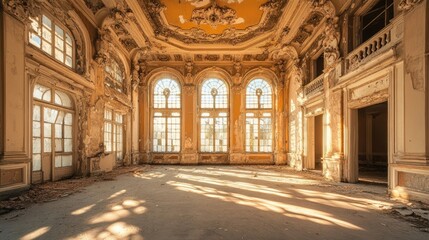 Poster - Empty, deteriorating hall in an abandoned building, sunlight filtering through broken windows