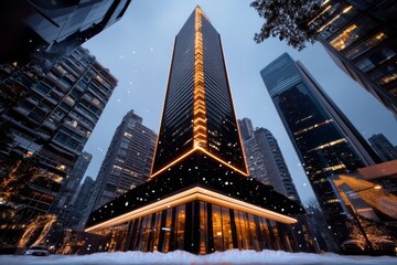 Poster - Digital snow flurries swirling around neon-lit skyscrapers in a futuristic cityscape, capturing the vibrant and dynamic atmosphere of cyberpunk winter nights, symbolizing innovation and style