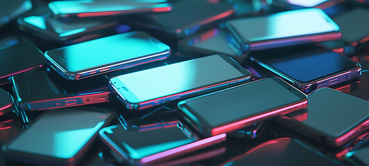 A pile of mobile phones on a table. In the background are various types and models of smartphones.