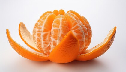 Poster - Close-Up of a Freshly Sun Peeled Mandarin Orange with Rind Curled Back, Exposing Vibrant Juicy Segments. Ideal for Health, Wellness, Nutrition, and Culinary Presentation Concepts